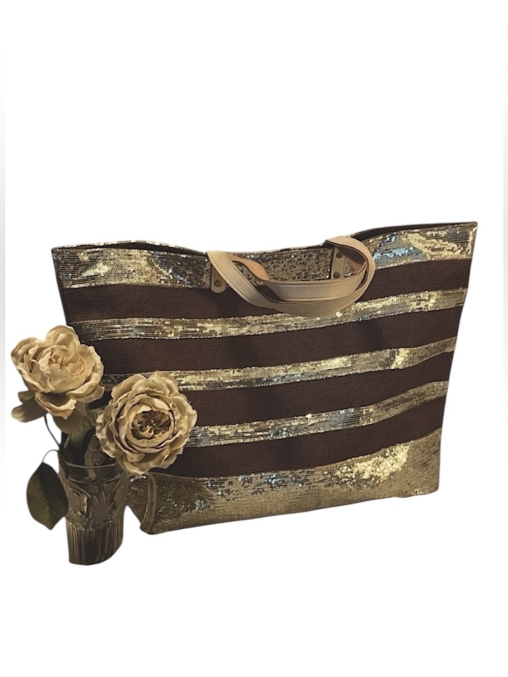 Muche et Muchette Brown & Gold Metallic Sequins Leather Straps Large Beach Tote